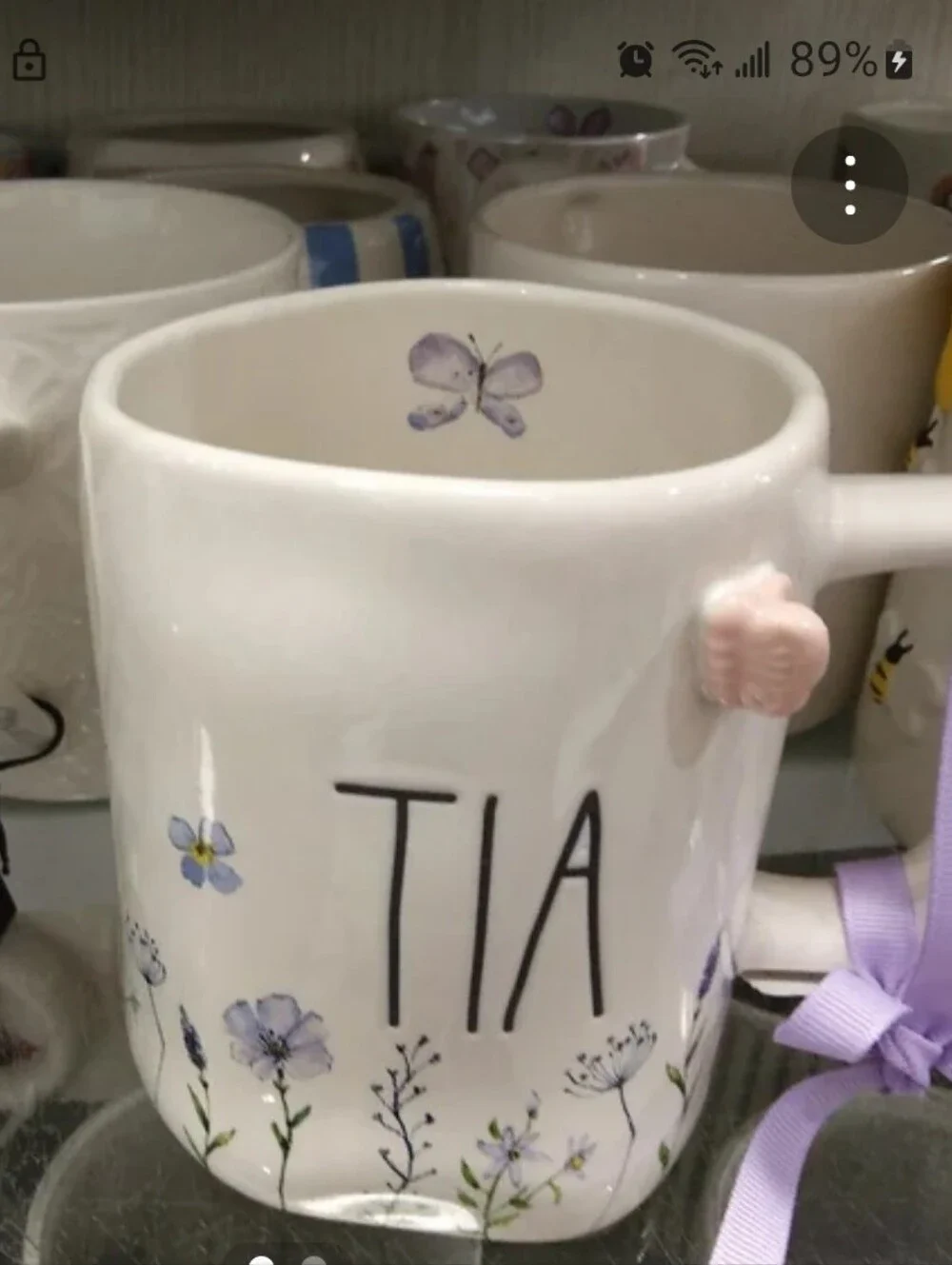 Rae Dunn White Ceramic Floral 'TIA' Mug with Purple Butterfly Accent